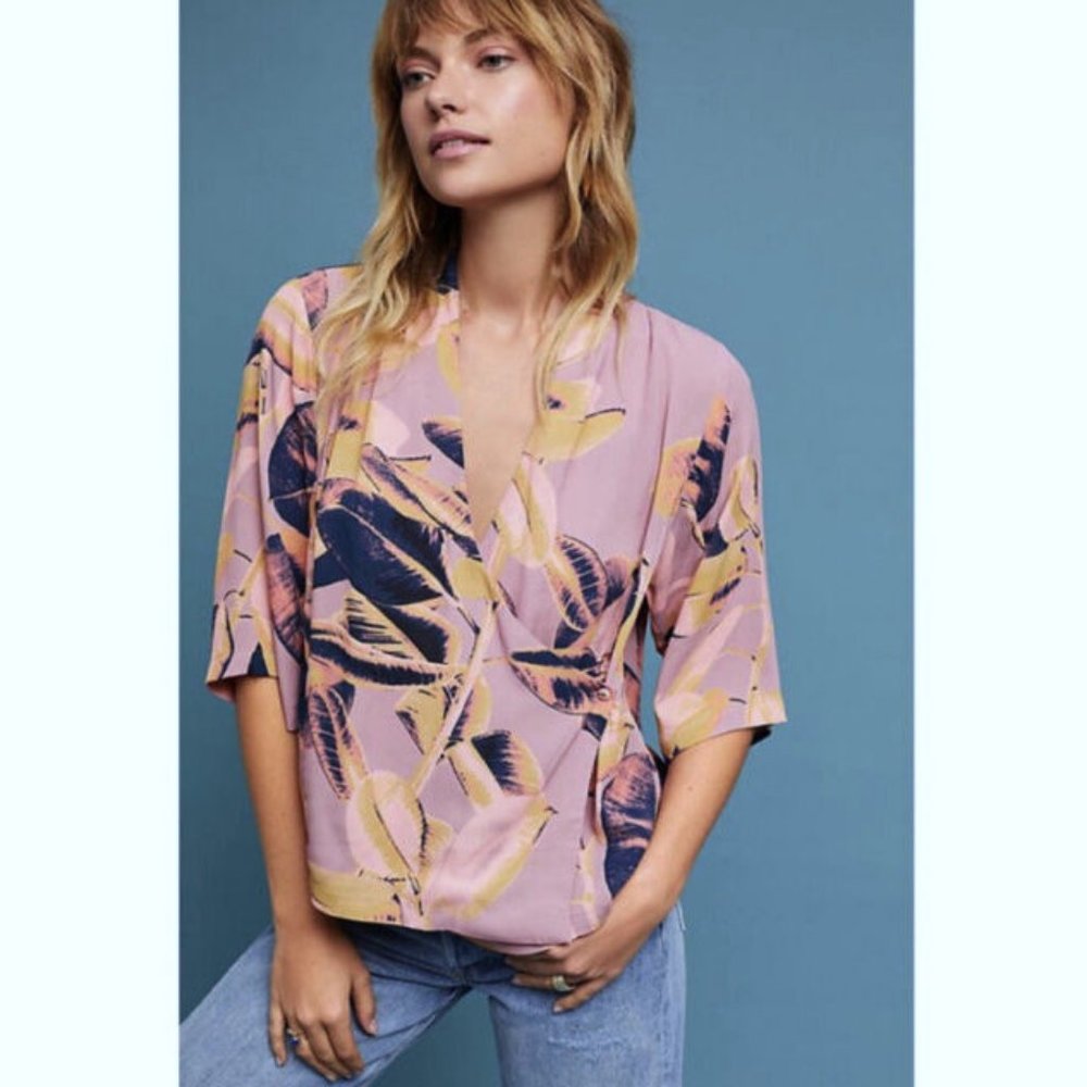 Anthropologie Pink Floral Wrap Blouse with Yellow and Navy Leaf Print